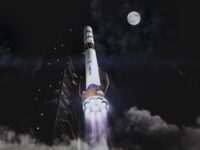 Illustration: New Glenn 9x4 rocket lifting off, with moon in the sky above